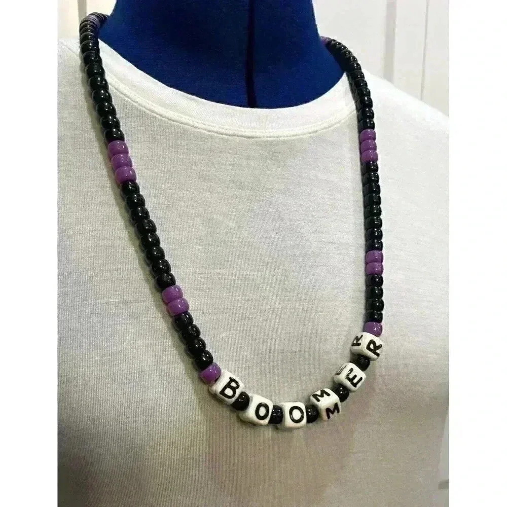 Beaded Baby BOOMER‎ Necklace Over the Hill Birthday Gag Gift Purple Black